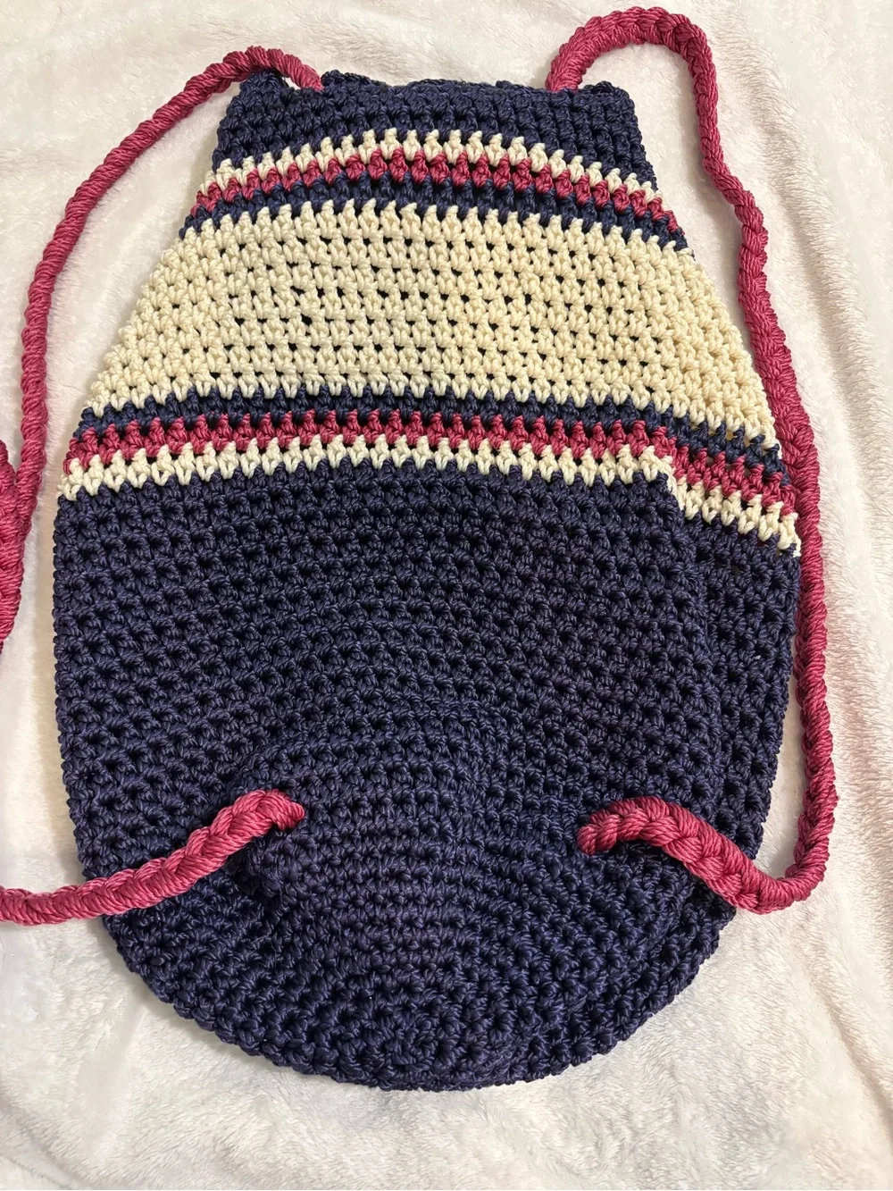 Handmade Crochet Navy & Cream Drawstring Backpack with Pink Accents